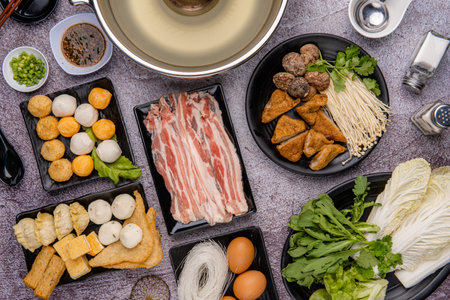 Chinese Hot pot, also known as soup-food or steamboat, is a cooking method that originates from China, prepared with a simmering pot of soup stock at the dining tableの写真素材