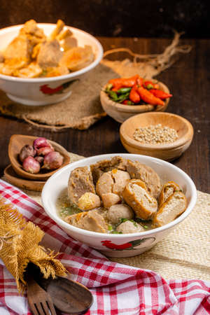 Bakso or baso is an Indonesian meatball, Its texture is similar to the Chinese beef ball, fish ball, or pork ball. The word bakso refer the complete dish of beef broth soup, noodle, tofu and bok choy.の写真素材