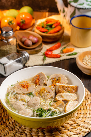 Bakso or baso is an Indonesian meatball, Its texture is similar to the Chinese beef ball, fish ball, or pork ball. The word bakso refer the complete dish of beef broth soup, noodle, tofu and bok choy.の写真素材