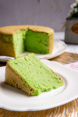 A chiffon cake or kue chiffon (in indonesia) is a very light cake made with vegetable oil, eggs, sugar, flour, baking powder, and flavorings.の写真素材