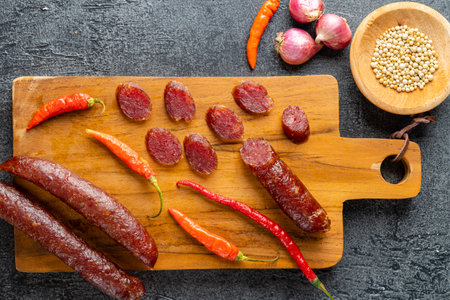 Lap cheong or chinese sausage are dried pork sausages that look and feel like pepperoni but are much sweeter. In southwestern China, sausages are flavored with salt, red pepper and wild pepper.の写真素材