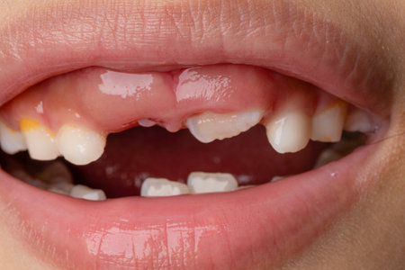 Selective Focus Child's teeth. An 8 year old little girl lost a baby incisor. Children's dentistry...