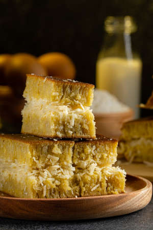 Kue Hok Lo Pan or martabak bangka. The martabak bangka batter is made from a mixture of flour, eggs, sugar, baking soda, coconut milk and water.The batter is cooked upon a thick round iron frying panの写真素材