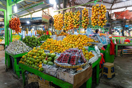 BERASTAGI, INDONESIA - SEPTEMBER 28,2021. Berastagi Fruit Market, North Sumatra a regionally famous traditional market selling local fruits souvenirs. Berastagi is famous for its passion fruit.のeditorial素材