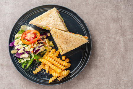 Tuna sandwich with french fries and salad.の写真素材