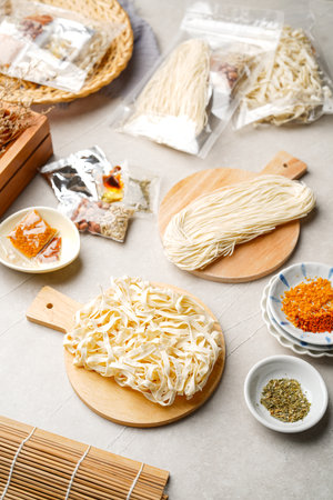 Misoa or misua are smooth and thin noodles made from wheat flour. These noodles are white in color, and are always sold in dried form.の写真素材