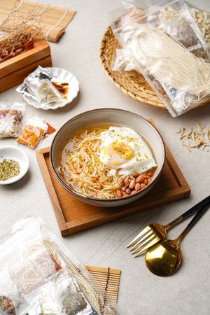 Misoa or misua are smooth and thin noodles made from wheat flour. These noodles are white in color, and are always sold in dried form.の写真素材