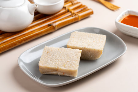 Raw Turnip cake (Chinese : Chai tow kway ). Turnip cake  is a common dish or dim sum of Teochew...