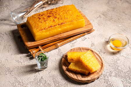 Bika ambon or golden cake or golden kuih bingka in Singapore, is an Indonesian dessert, made from ingredients such as tapioca flour, eggs, sugar, yeast and coconut milk.の写真素材