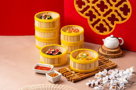 Chinese steamed dimsum in bamboo containers traditional cuisineの写真素材