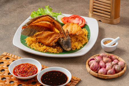Gurame Goreng Kipas or "Fried Gourami Fan", ikan goreng or fried fish of gourami arranged in fan-shape. Served with sambal terasi and sambal kecap.の写真素材
