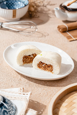 Baozi or Bakpao is a type of yeast-leavened filled bun in various Chinese cuisines.の写真素材
