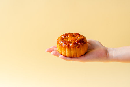 A mooncake  is a Chinese bakery product traditionally eaten during the Mid-Autumn Festival.の写真素材