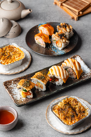 sushi is a Japanese dish of prepared vinegared rice, usually with some sugar and salt, accompanied by a variety of ingredients such as seafood, often raw and vegetables.の写真素材