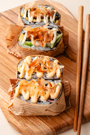 sushi is a Japanese dish of prepared vinegared rice, usually with some sugar and salt, accompanied by a variety of ingredients such as seafood, often raw and vegetables.の写真素材