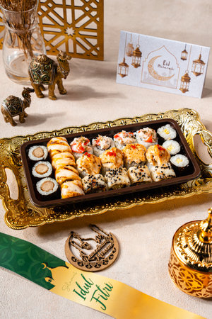 sushi is a Japanese dish of prepared vinegared rice, usually with some sugar and salt, accompanied by a variety of ingredients such as seafood, often raw and vegetables.の写真素材