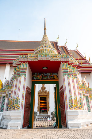 BANGKOK, THAILAND - FEBRUARY 14, 2023 :Wat Pho also spelled Wat Po, a Buddhist temple complex in the Phra Nakhon District, Bangkok, Thailand. Known also as the Temple of the Reclining Buddha.のeditorial素材