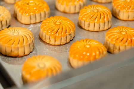 Mooncake making process. A mooncake  is a Chinese bakery product traditionally eaten during the Mid-Autumn Festival.の写真素材