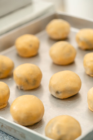 Mooncake making process. A mooncake  is a Chinese bakery product traditionally eaten during the Mid-Autumn Festival.の写真素材