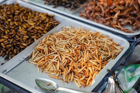 Fried insects (locust, worm, cricket, pupa, and giant waterbug) as street food on a vendor stall,...