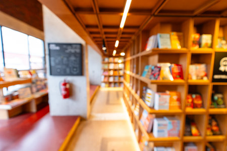 Abstract blurred public library interior space. blurry room with bookshelves by defocused effect....