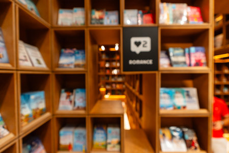 Abstract blurred public library interior space. blurry room with bookshelves by defocused effect. use for background or backdrop in business or education conceptsの写真素材
