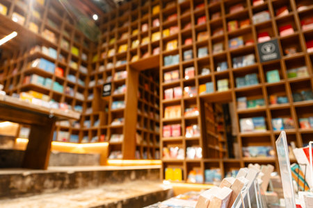 Abstract blurred public library interior space. blurry room with bookshelves by defocused effect. use for background or backdrop in business or education conceptsの写真素材