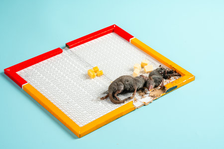 A wild mouse or rat found dead stuck to a rodent glue trap isolated on blue background.の写真素材