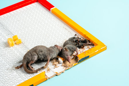 A wild mouse or rat found dead stuck to a rodent glue trap isolated on blue background.の写真素材