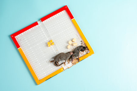 A wild mouse or rat found dead stuck to a rodent glue trap isolated on blue background.の写真素材