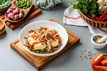 Tumis Cumi tauco or  Spicy Stir Fried Squid with tauco Served on white plate and isolated on gray background. Tauco is a paste made from preserved fermented yellow soybeans.の写真素材
