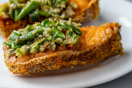 Fresh cut of deep fried Mackerel fish with sambal ijo. fried Mackerel fish cabe ijo is traditional cuisine from Padang, West Sumatra.の写真素材