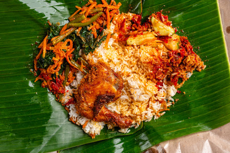 Indonesian padang food or nasi bungkus with padang fried chicken (indonesia : Ayam goreng padang)の写真素材
