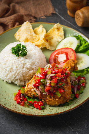 Nasi Ayam Geprek is Indonesian Food crispy fried chicken with hot and spicy sambal bawang. Served with riceの写真素材
