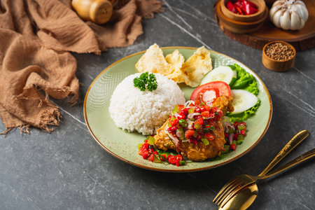 Nasi Ayam Geprek is Indonesian Food crispy fried chicken with hot and spicy sambal bawang. Served with riceの写真素材