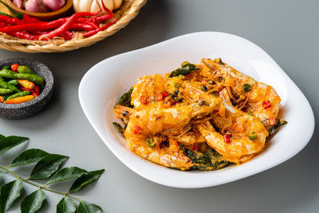 udang saus telur asin or Salted egg fried shrimp with curry leaves served on white plateの写真素材