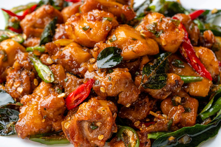 Ayam Tangkap, spices fried chicken original from Aceh, Indonesia. served with leaves such as temurui or curry leaves, pandan leaves and green chili, that are roughly chopped and fried crispy.の写真素材