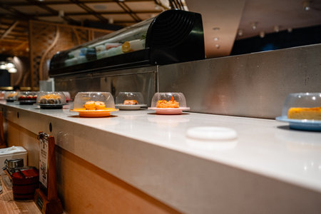 various types of sushi on conveyor belt in a Japanese restaurant. Shushi Go Round is a famous form of fast food in Asia, also known as sushi train.の写真素材