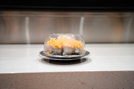 various types of sushi on conveyor belt in a Japanese restaurant. Shushi Go Round is a famous form of fast food in Asia, also known as sushi train.の写真素材