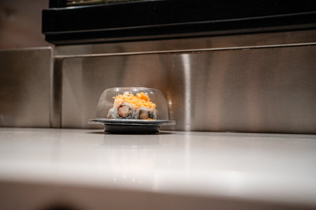 various types of sushi on conveyor belt in a Japanese restaurant. Shushi Go Round is a famous form of fast food in Asia, also known as sushi train.の写真素材