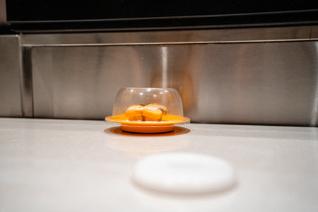 various types of sushi on conveyor belt in a Japanese restaurant. Shushi Go Round is a famous form of fast food in Asia, also known as sushi train.の写真素材