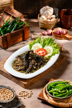Fried eel with green chili sauce or belut goreng cabe ijo is a Indonesian traditional foodの写真素材