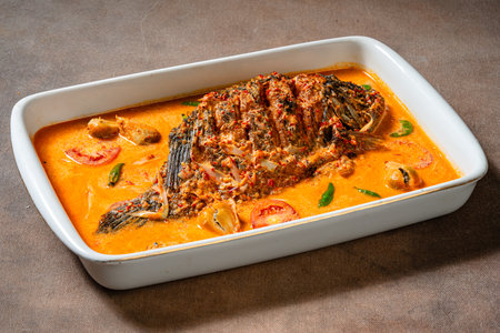 Gurame Goreng Asam Cikala or Fried Gourami cooked in spicy sour curry with asam cikalaの写真素材