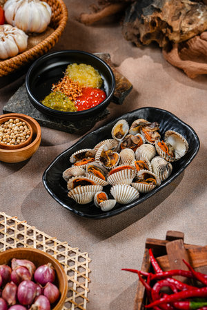 boiled blood clams anadara granosa seafood served with sweet and sour pineapple sauceの写真素材