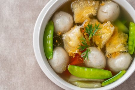 Fish Ball Soup with Fish belly crackersの写真素材
