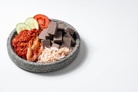 Homemade sambal terasi, Traditional spicy indonesian chili paste with shrimp pastte and fresh red chiliの写真素材