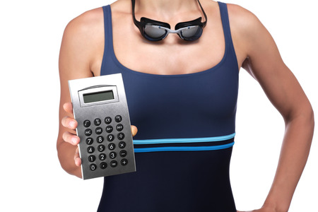 photography of a swimmer holding a calculatorの写真素材