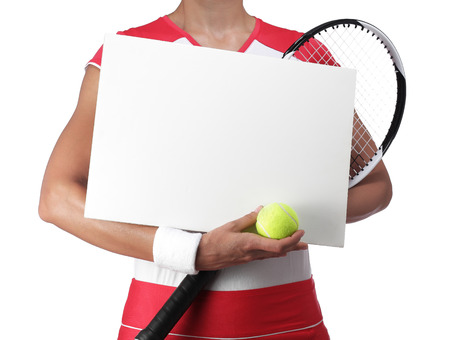 photography of a female tennis player holding a white billboardの写真素材