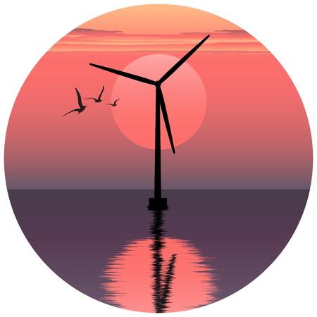vector illustation of windmill. electric windmill in the sea. windmill at sunset. windmill at sunrise. clean energy icon. clean energy logo.のイラスト素材
