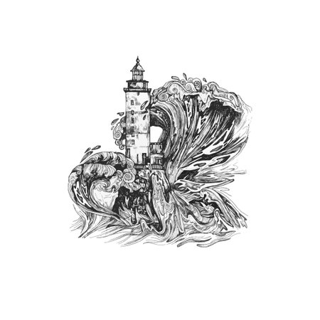 handdrawn lighthouse illustration, lighthouse drawing, sea, elements, marine illustrations, sea, ocean, water, lighthouse tattooのイラスト素材